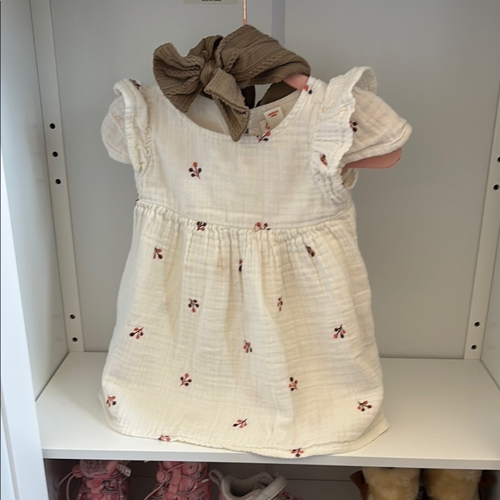 Cream Baby Dress with Floral Embroidery